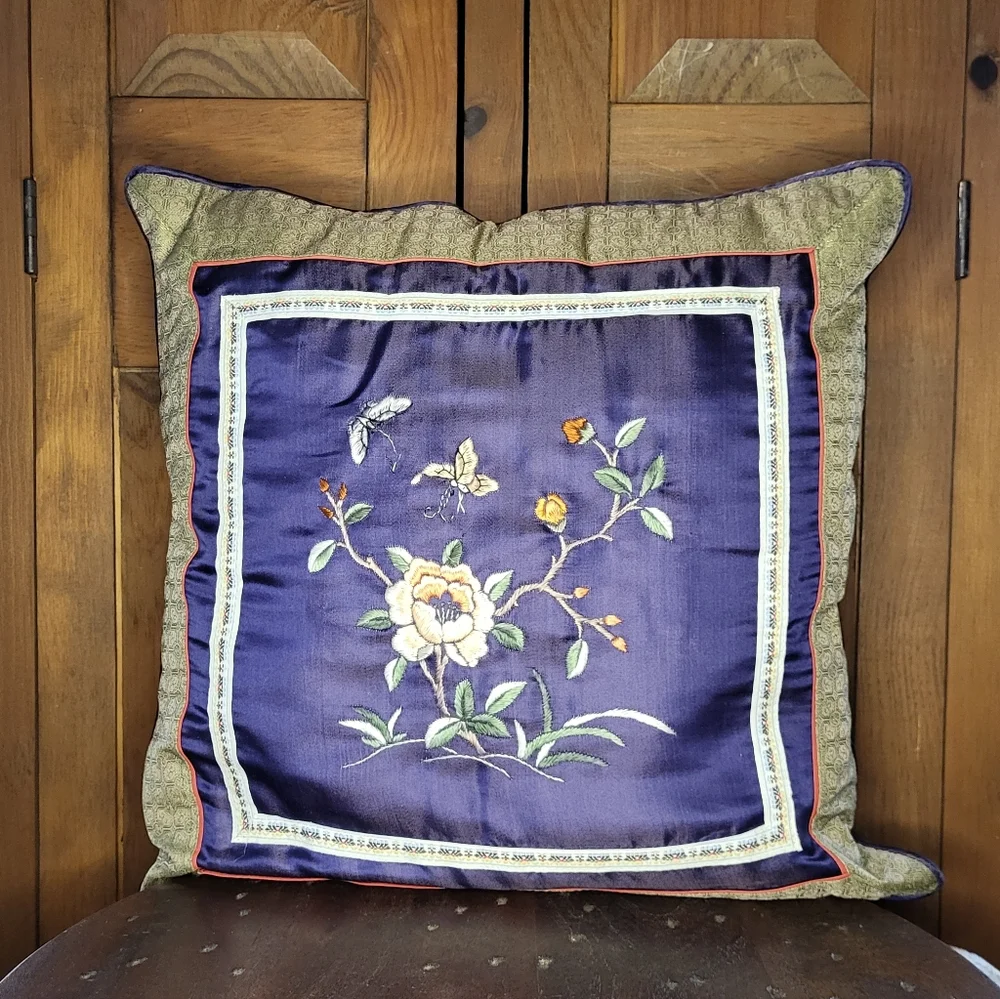 Floral Embroidered Cushion with Blue and Green Accents